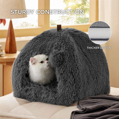 Bedsure Cat Beds for Indoor - 2 in 1 Cat Cave House Tent for Kittens and Small Pets with Removable Washable Cushioned Pillow, Foldable Kitten Hideaway with Non-Slip Bottom, Grey, 16 inches