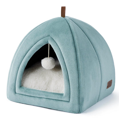 Bedsure Cat Beds for Indoor - 2 in 1 Cat Cave House Tent for Kittens and Small Pets with Removable Washable Cushioned Pillow, Foldable Kitten Hideaway with Non-Slip Bottom, Grey, 16 inches