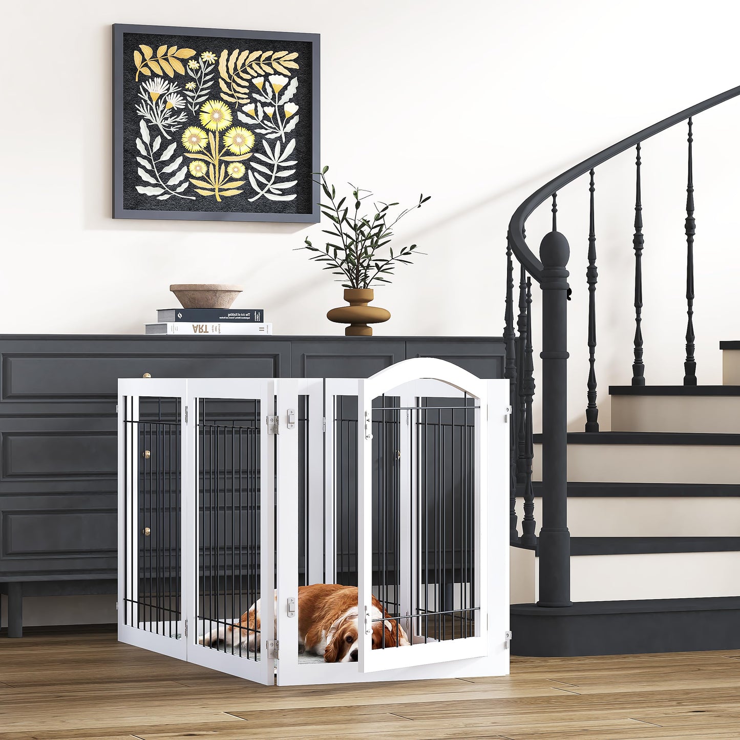 PAWLAND 144-inch Extra Wide 30-inches Tall Dog gate with Door Walk Through, Freestanding Wire Pet Gate for The House, Doorway, Stairs, Pet Puppy Safety Fence, Support Feet Included, Espresso,6 Panels