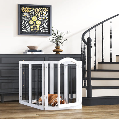 PAWLAND 144-inch Extra Wide 30-inches Tall Dog gate with Door Walk Through, Freestanding Wire Pet Gate for The House, Doorway, Stairs, Pet Puppy Safety Fence, Support Feet Included, Espresso,6 Panels