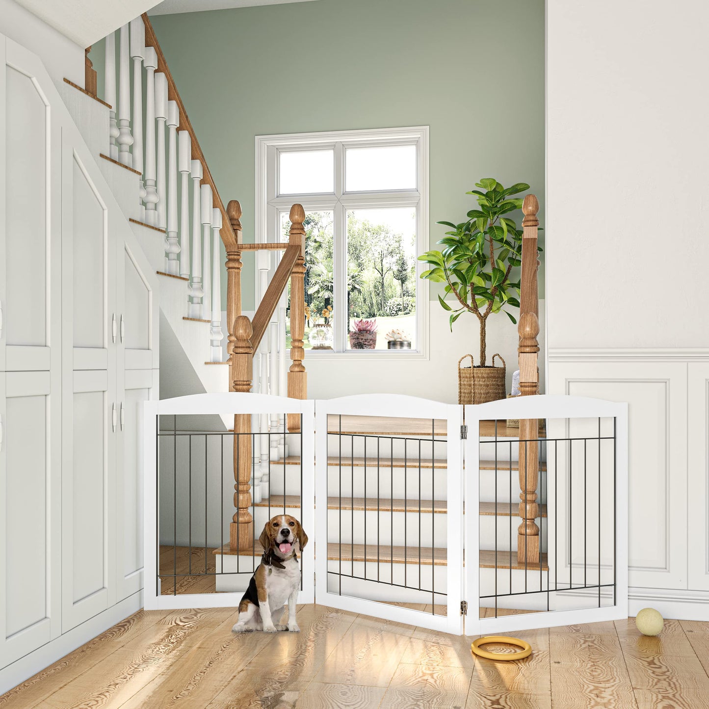PAWLAND 144-inch Extra Wide 30-inches Tall Dog gate with Door Walk Through, Freestanding Wire Pet Gate for The House, Doorway, Stairs, Pet Puppy Safety Fence, Support Feet Included, Espresso,6 Panels