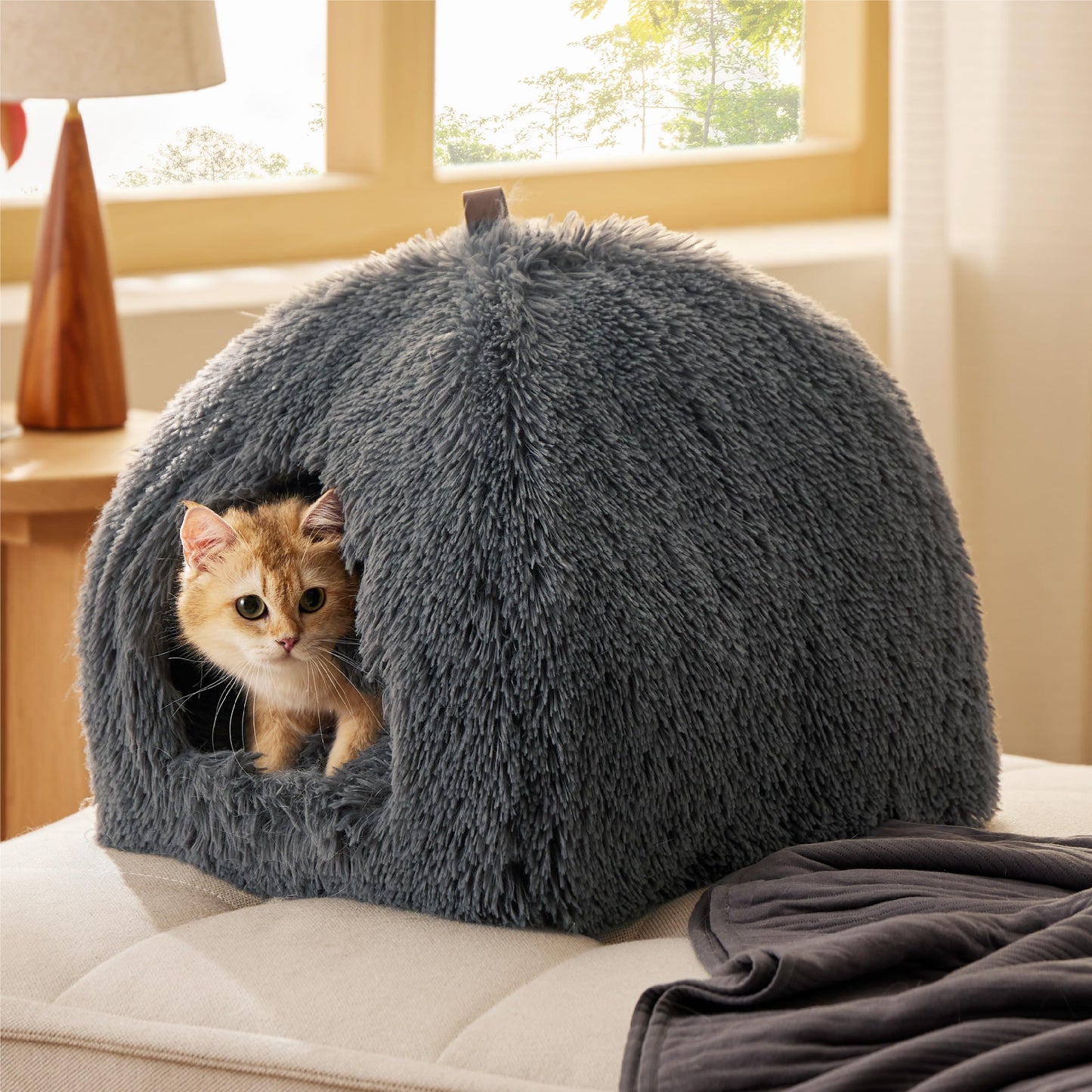 Bedsure Cat Beds for Indoor - 2 in 1 Cat Cave House Tent for Kittens and Small Pets with Removable Washable Cushioned Pillow, Foldable Kitten Hideaway with Non-Slip Bottom, Grey, 16 inches