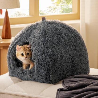 Bedsure Cat Beds for Indoor - 2 in 1 Cat Cave House Tent for Kittens and Small Pets with Removable Washable Cushioned Pillow, Foldable Kitten Hideaway with Non-Slip Bottom, Grey, 16 inches