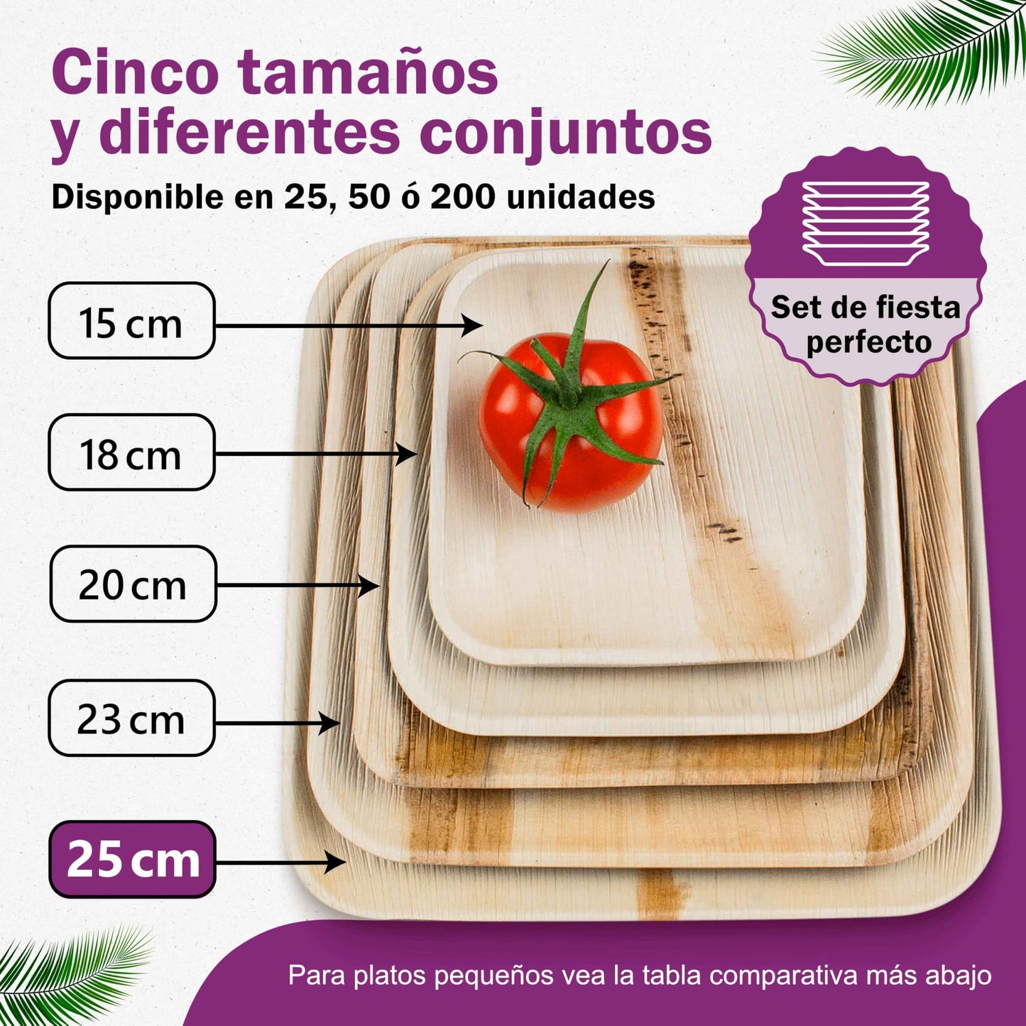 Waipur Platos Hoja de Palma Orgánicos - 25 Platos Desechables Cuadrados 25x25 cm -