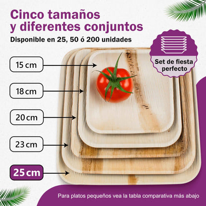 Waipur Platos Hoja de Palma Orgánicos - 25 Platos Desechables Cuadrados 25x25 cm -