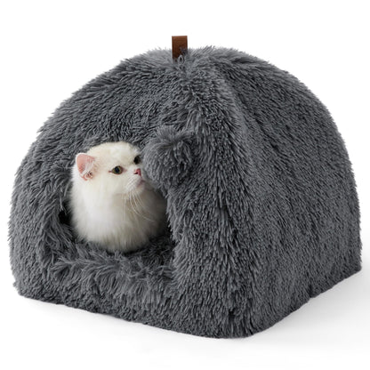 Bedsure Cat Beds for Indoor - 2 in 1 Cat Cave House Tent for Kittens and Small Pets with Removable Washable Cushioned Pillow, Foldable Kitten Hideaway with Non-Slip Bottom, Grey, 16 inches