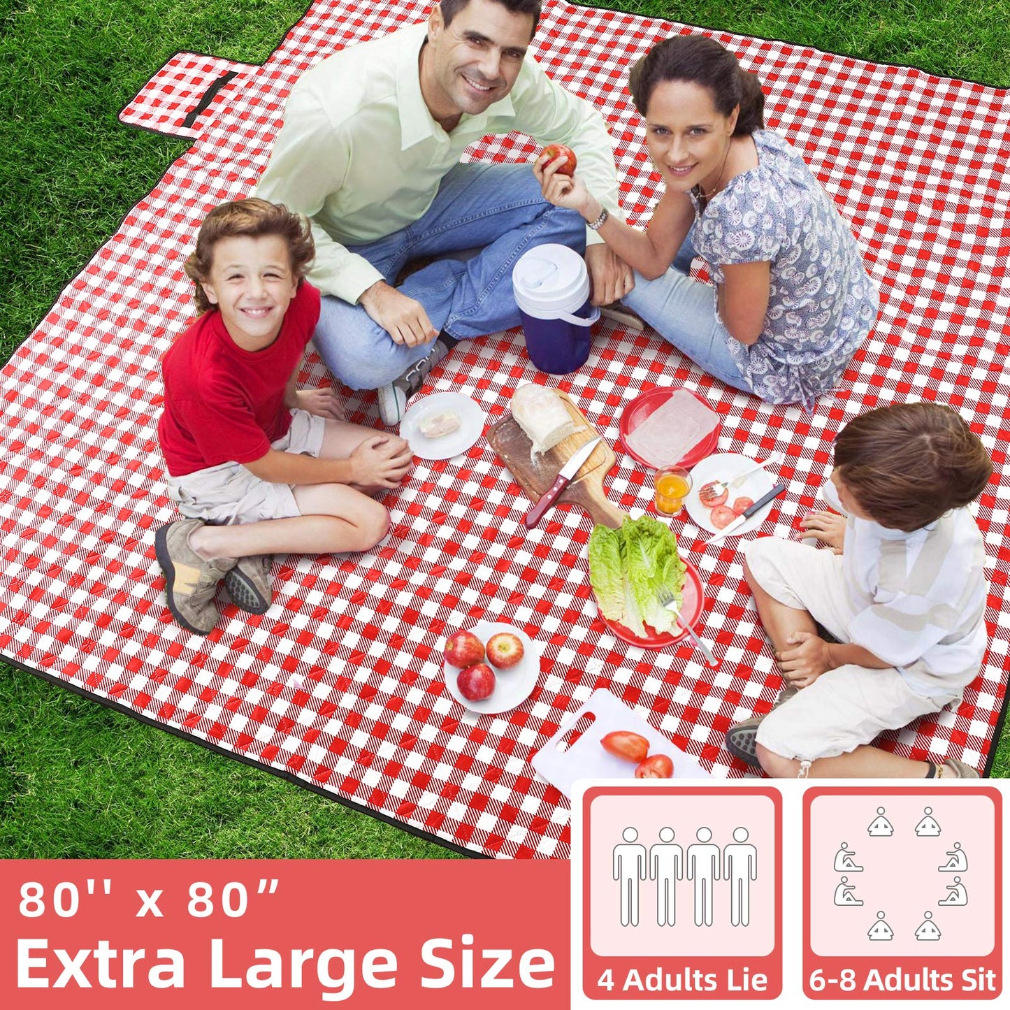 ZAZE XL Picnic Blanket 80"x80" — Waterproof, Foldable, Gingham Style for Beach, Camping, or Garden | Ideal for Couples, Weddings, and Green Gifts (Green/White)