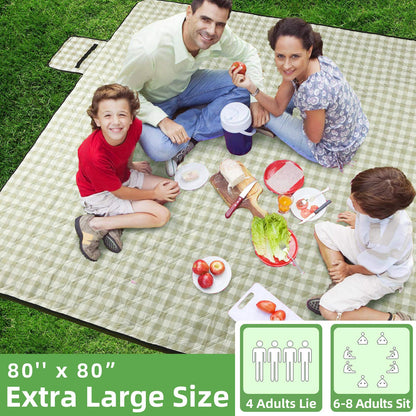 ZAZE XL Picnic Blanket 80"x80" — Waterproof, Foldable, Gingham Style for Beach, Camping, or Garden | Ideal for Couples, Weddings, and Green Gifts (Green/White)