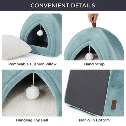 Bedsure Cat Beds for Indoor - 2 in 1 Cat Cave House Tent for Kittens and Small Pets with Removable Washable Cushioned Pillow, Foldable Kitten Hideaway with Non-Slip Bottom, Grey, 16 inches