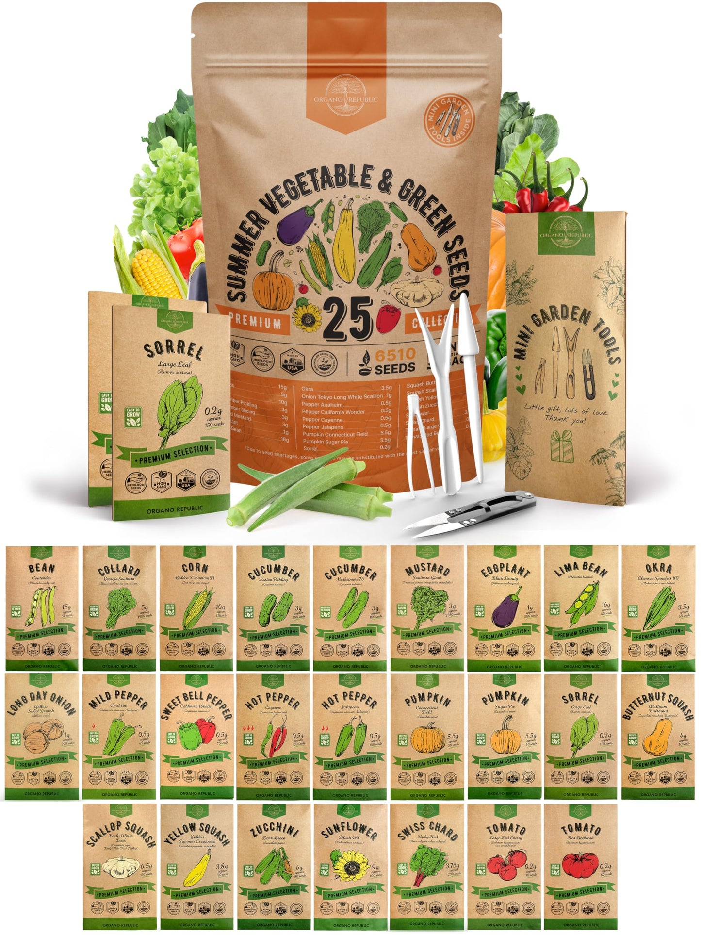 25 Summer Vegetable & Fruit Seeds Variety Pack - 1,870+ Non-GMO Heirloom Veggie & Fruits Seeds for Outdoors and Indoor Home Gardening, Including Collards, Tomato, Pepper, Okra, Onion, Bean, Cucumber