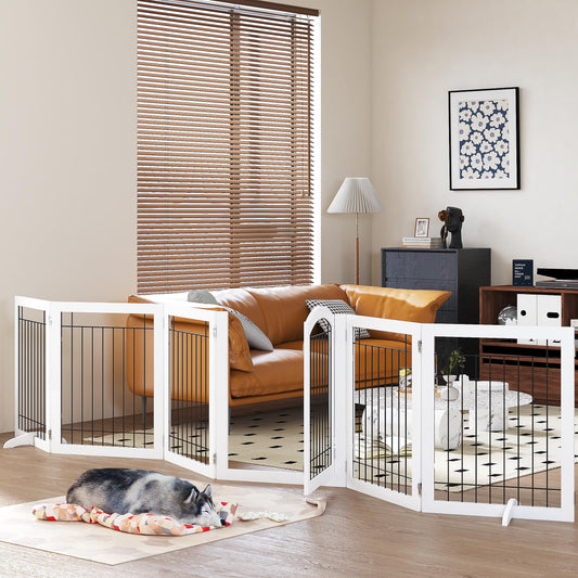 PAWLAND 144-inch Extra Wide 30-inches Tall Dog gate with Door Walk Through, Freestanding Wire Pet Gate for The House, Doorway, Stairs, Pet Puppy Safety Fence, Support Feet Included, Espresso,6 Panels