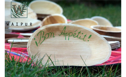 Waipur Platos Hoja de Palma Orgánicos - 25 Platos Desechables en Forma de Corazón - 10 cm - Vajilla Ecológica Premium, Estable, Natural y Biodegradable - Platos Cocktail Elegantes