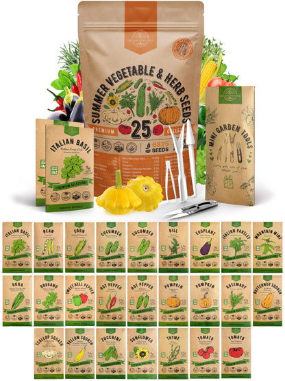 25 Summer Vegetable & Fruit Seeds Variety Pack - 1,870+ Non-GMO Heirloom Veggie & Fruits Seeds for Outdoors and Indoor Home Gardening, Including Collards, Tomato, Pepper, Okra, Onion, Bean, Cucumber