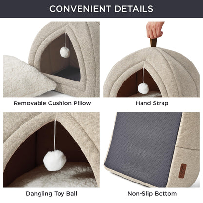 Bedsure Cat Beds for Indoor - 2 in 1 Cat Cave House Tent for Kittens and Small Pets with Removable Washable Cushioned Pillow, Foldable Kitten Hideaway with Non-Slip Bottom, Grey, 16 inches
