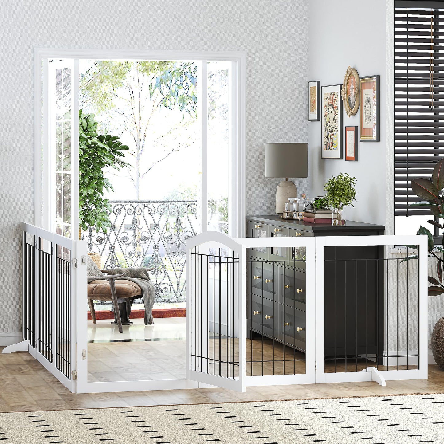 PAWLAND 144-inch Extra Wide 30-inches Tall Dog gate with Door Walk Through, Freestanding Wire Pet Gate for The House, Doorway, Stairs, Pet Puppy Safety Fence, Support Feet Included, Espresso,6 Panels