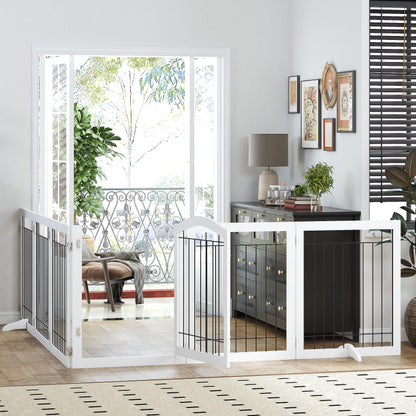 PAWLAND 144-inch Extra Wide 30-inches Tall Dog gate with Door Walk Through, Freestanding Wire Pet Gate for The House, Doorway, Stairs, Pet Puppy Safety Fence, Support Feet Included, Espresso,6 Panels
