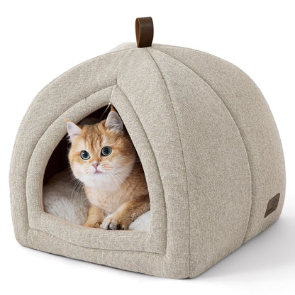 Bedsure Cat Beds for Indoor - 2 in 1 Cat Cave House Tent for Kittens and Small Pets with Removable Washable Cushioned Pillow, Foldable Kitten Hideaway with Non-Slip Bottom, Grey, 16 inches