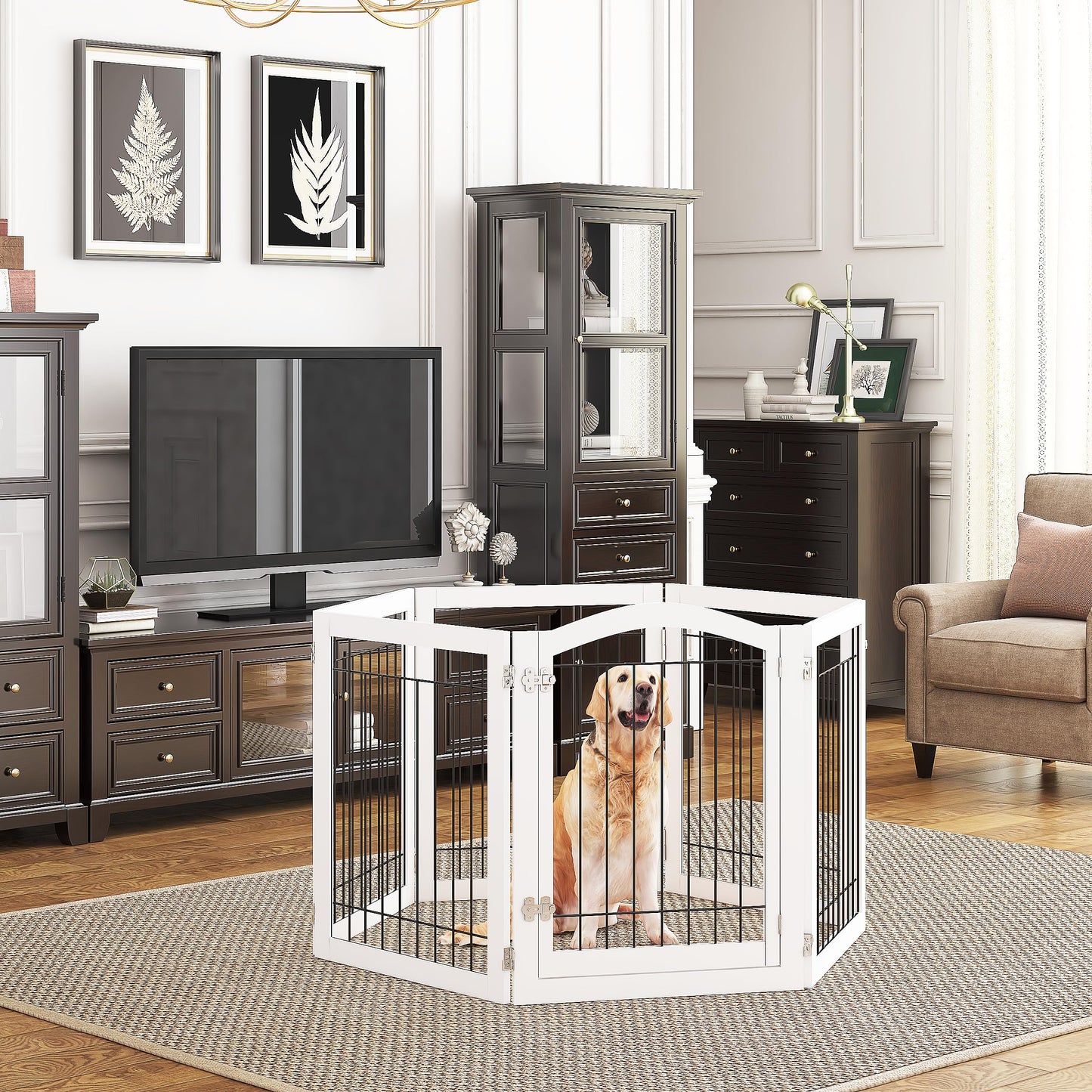 PAWLAND 144-inch Extra Wide 30-inches Tall Dog gate with Door Walk Through, Freestanding Wire Pet Gate for The House, Doorway, Stairs, Pet Puppy Safety Fence, Support Feet Included, Espresso,6 Panels