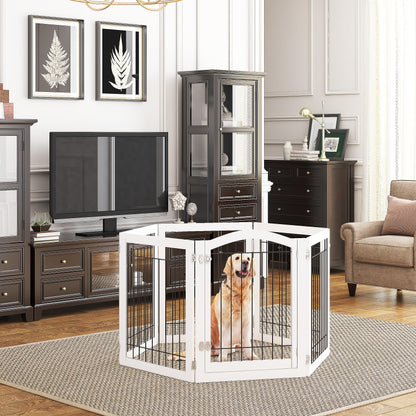 PAWLAND 144-inch Extra Wide 30-inches Tall Dog gate with Door Walk Through, Freestanding Wire Pet Gate for The House, Doorway, Stairs, Pet Puppy Safety Fence, Support Feet Included, Espresso,6 Panels