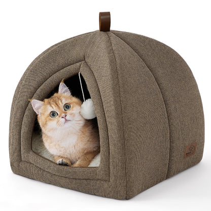 Bedsure Cat Beds for Indoor - 2 in 1 Cat Cave House Tent for Kittens and Small Pets with Removable Washable Cushioned Pillow, Foldable Kitten Hideaway with Non-Slip Bottom, Grey, 16 inches