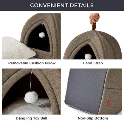 Bedsure Cat Beds for Indoor - 2 in 1 Cat Cave House Tent for Kittens and Small Pets with Removable Washable Cushioned Pillow, Foldable Kitten Hideaway with Non-Slip Bottom, Grey, 16 inches